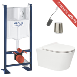 Swiss Aqua Technologies Pack WC Bâti autoportant + WC sans bride SAT Brevis + Abattant SoftClose + Plaque Chrome + Brosse Joseph Joseph OFFERTE