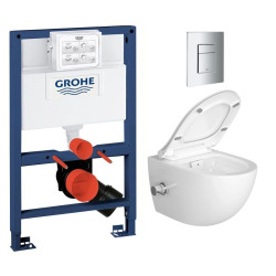 Pack WC Bâti-support + WC sans bride SAT avec bidet thermostatique + Abattant SoftClose + Plaque Chrome