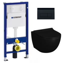Geberit Pack WC Bati-support Geberit Duofix + WC sans bride  SAT Infinitio 2.0 Noir mat + Abattant frein de chute + Plaque Delta 50 Noir