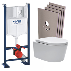 Grohe Pack WC bâti autoportant + WC sans bride SAT + Abattant softclose + Plaque chrome mat + Set habillage