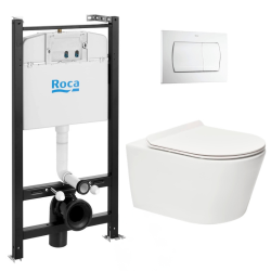 Swiss Aqua Technologies Pack Bâti-support Roca Active + WC sans bride SAT Brevis + Abattant slim, softclose + Plaque Blanche (RocaActiveBrevis-1)