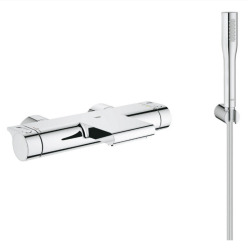 Grohtherm 2000 Set mitigeur thermostatique bain/douche + Douchette 1 jet + Flexible et support mural, Chrome (34174001-Euphoria)