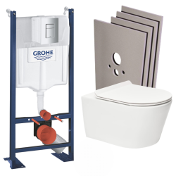 Swiss Aqua Technologies Pack WC Bâti autoportant + WC sans bride SAT, fixations invisibles + abattant slim, softclose + Plaque + Set habillage