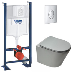 Pack WC Bâti autoportant + WC suspendu Swiss Aqua Technologies GreyInfinitio sans bride + Abattant softclose + Plaque Chrome