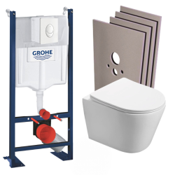 Swiss Aqua Technologies Pack WC Bâti autoportant + WC sans bride SAT Infinitio + Abattant softclose + Plaque blanc alpin + Set habillage