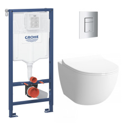Pack WC Bâti-support + WC sans bride SAT Infinitio 2.0, fixations invisibles + Plaque chrome
