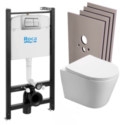 Swiss Aqua Technologies Pack Bâti-support Roca Active + WC suspendu Infinitio sans bride + plaque chrome mat + Set habillage