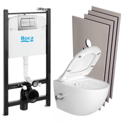 Swiss Aqua Technologies Pack Bâti-support Roca Active + WC sans bride avec fonction bidet et fixations invisibles + plaque chrome mat + Set d&apos;habillage