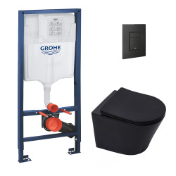 Pack WC Bâti-support Rapid SL + WC Infinitio sans bride noir mat + Abattant softclose + Plaque noire mat