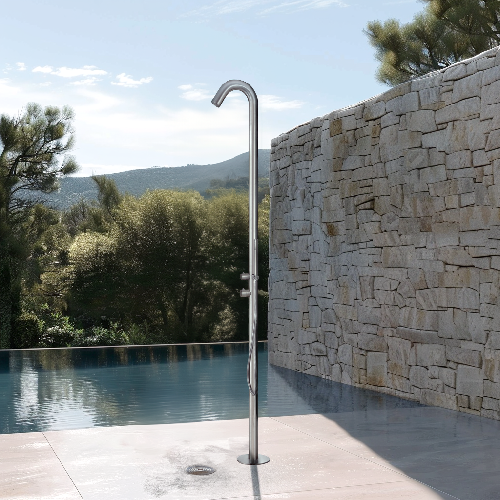 Douche Extérieure Jardin LAWA - Acier Inoxydable V4A - Raccordement Eau Chaude/froide - Douchette Main Et Pluie