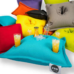 Soo Santaï Pool Party coussin bar 75x75x25cm, 4 trous verre et 1 trou bouteille, resistant aux UV, Vert, sans polystyrène