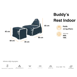 Soo Santaï Buddy&apos;s Rest fauteuil poire + repose pieds 90x60x85/45x60x35cm interieur dehoussable, surpiqures, Bleu jeans, sans polystyrène
