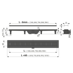 Caniveau de douche 650 mm avec grille + Manchon PVC 40 à Joint et à Coller (APZ10BLACK-650M-M)