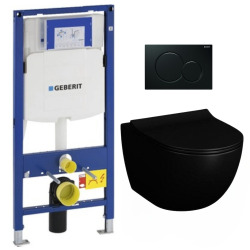 Pack WC Bati-support Geberit + Cuvette Vitra SENTO noire sans bride fixations invisibles + Abattant + Plaque noire (GebBlackSent