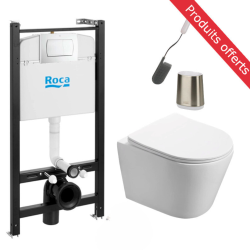 Pack WC Bâti-support Duofix + WC sans bride SAT + Abattant softclose + Plaque blanche + Brosse de toilette grise