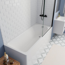 170x70 cm Ensemble baignoire Eurowa universelle + Pare baignoire pivotant noir + pieds (KW312-SETP5)