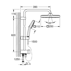  Vitalio Comfort 250 Colonne de douche avec inverseur manuel + Douche de tête 2 jets + Douchette 2 jets, chrome (G26698001)