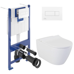 Pack WC Bâti-support Villeroy & Boch Viconnect + WC sans bride, fixations invisibles + Abattant frein de chute + Plaque Blanche