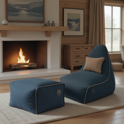 Soo Santaï Buddy&apos;s Rest fauteuil poire + repose pieds 90x60x85/45x60x35cm interieur dehoussable, surpiqures, Bleu jeans, sans polystyrène