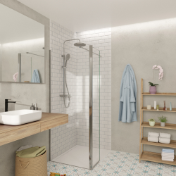 Walk-in 80x200cm Paroi et retour pivotant en verre Crystal Glass® 8 mm anticalcaire , avec bras et profilés chrome brillant (SAT