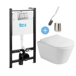 Pack Bâti-support Roca Active + Lucco WC sans bride et fixations invisibles + plaque chrome mat + brosse de toilette