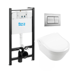 Pack Bâti-support Roca Active + WC sans bride et fixations invisibles + plaque chrome mat (RocaActiveSATrimless-2)