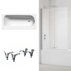 Kaldewei 170x75 cm Ensemble baignoire Saniform universelle + Pare baignoire pliable, 2 volets chrome + pieds (KW3731-SETP2)