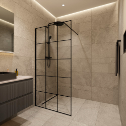 Walk-in 100x200cm paroi en verre Crystal Glass®   8 mm  anticalcaire, avec bras et profilés noir mat (CERABWISR01-100B)