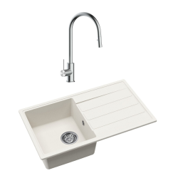 76x44 cm évier avec égouttoir réversible en granite à en castrer + mitigeur avec douchette 2 jets, blanc (SATSINKGE3W-SET1)