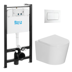 Pack WC bâti-support + WC suspendu sans bride Ceramia + abattant SoftClose + plaque blanche (ROCACETOR1DE)