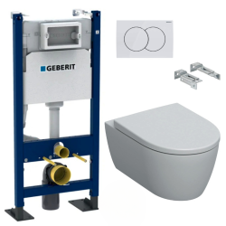 Pack WC Bâti-support Duofix + Cuvette suspendue sans brides + Abattant frein de chute + Plaque blanche + 2 Pieds support Geberit