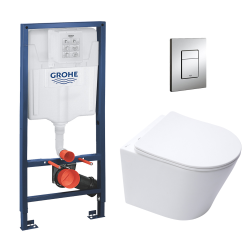 Pack WC Bâti-support + Cuvette sans bride + Abattant frein de chute + Plaque Chrome (GROHE-InfinitioMat-1)