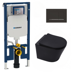 Pack WC Bâti-support + Cuvette suspendue SAT Infinitio sans bride noire mat + Abattant frein de chute + Plaque noire mat/chrome