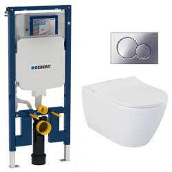 Geberit Pack WC Bati-support Geberit extra-plat UP720 + Cuvette suspendue sans bride Livea Bello + Abattant frein de chute + Plaque chro