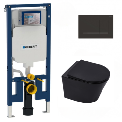 Pack WC Bâti-support + Cuvette suspendue SAT Infinitio sans bride noire mat + Abattant frein de chute + Plaque noire mat/chrome