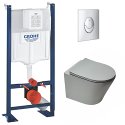 Pack WC Bâti autoportant + WC suspendu Swiss Aqua Technologies GreyInfinitio sans bride + Abattant softclose + Plaque Chrome
