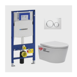 Pack WC Bâti-support avec Cuvette SAT rimless fixations invisibles + abattant softclose + Plaque blanc chromé (GebSatrimless-C)