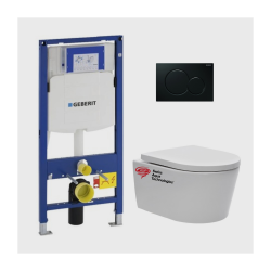 Pack WC Bâti-support avec Cuvette SAT rimless fixations invisibles + Abattant softclose + Plaque noir foncé (GebSatrimless-A)