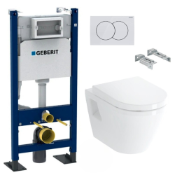 Pack WC Bâti Duofix + Cuvette suspendue Vitra S50 avec bride + Abattant soft close + Plaque blanche (S50Geb3)