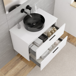  Set 80 cm : plan vasque blanc mat + meuble assemblé, blanc cassé (CERAMIA-4OW80-S)