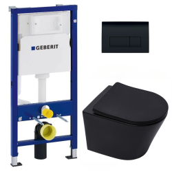Geberit Pack WC Bati-support Geberit + WC sans bride Swiss Aqua Technologies + Abattant frein de chute + plaque Delta 50 noire mat