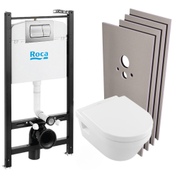 Pack Bâti-support Roca Active + WC sans bride et fixations invisibles + plaque chrome mat (RocaActiveSATrimless-2)