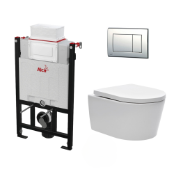 Pack Bâti 85cm + Cuvette sans bride et fixations invisibles avec abattant frein de chute + Plaque chrome (Alca85SatRimless-1)