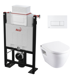 Pack WC Bâti autoportant avec cuvette Serel SM26 sans bride + Abattant softclose + Plaque blanche (Alca85FSM26-4)
