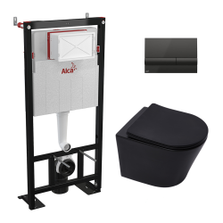 Pack WC Bâti-autoportant Alca + WC Infinitio sans bride noir mat + Plaque noire brillante (AlcaBlackInfinitio-M1718)