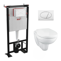 Set complet bati support autoportant + WC suspendu Porcher sans bride + plaque double touche blanche (AlcaPorcherRimless-3)