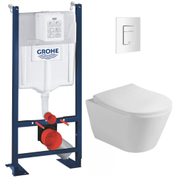 Grohe Pack WC Bâti autoportant + WC sans bride Avva + Abattant softclose + Plaque blanche (ProjectAvva-4)