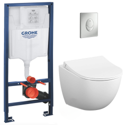 Pack WC Bâti-support Rapid SL + Cuvette suspendue Cersanit S-line + Abattant classique + Plaque Chrome (GROHE-S-LinePro-1)