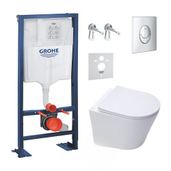 Pack WC Bati support autoportant + Cuvette SAT sans bride + Abattant Soft close + Plaque chrome (Autoportant-Infinitio-2)