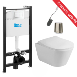 Pack WC Bâti-support Duofix + WC sans bride SAT + Abattant softclose + Plaque blanche + Brosse de toilette grise